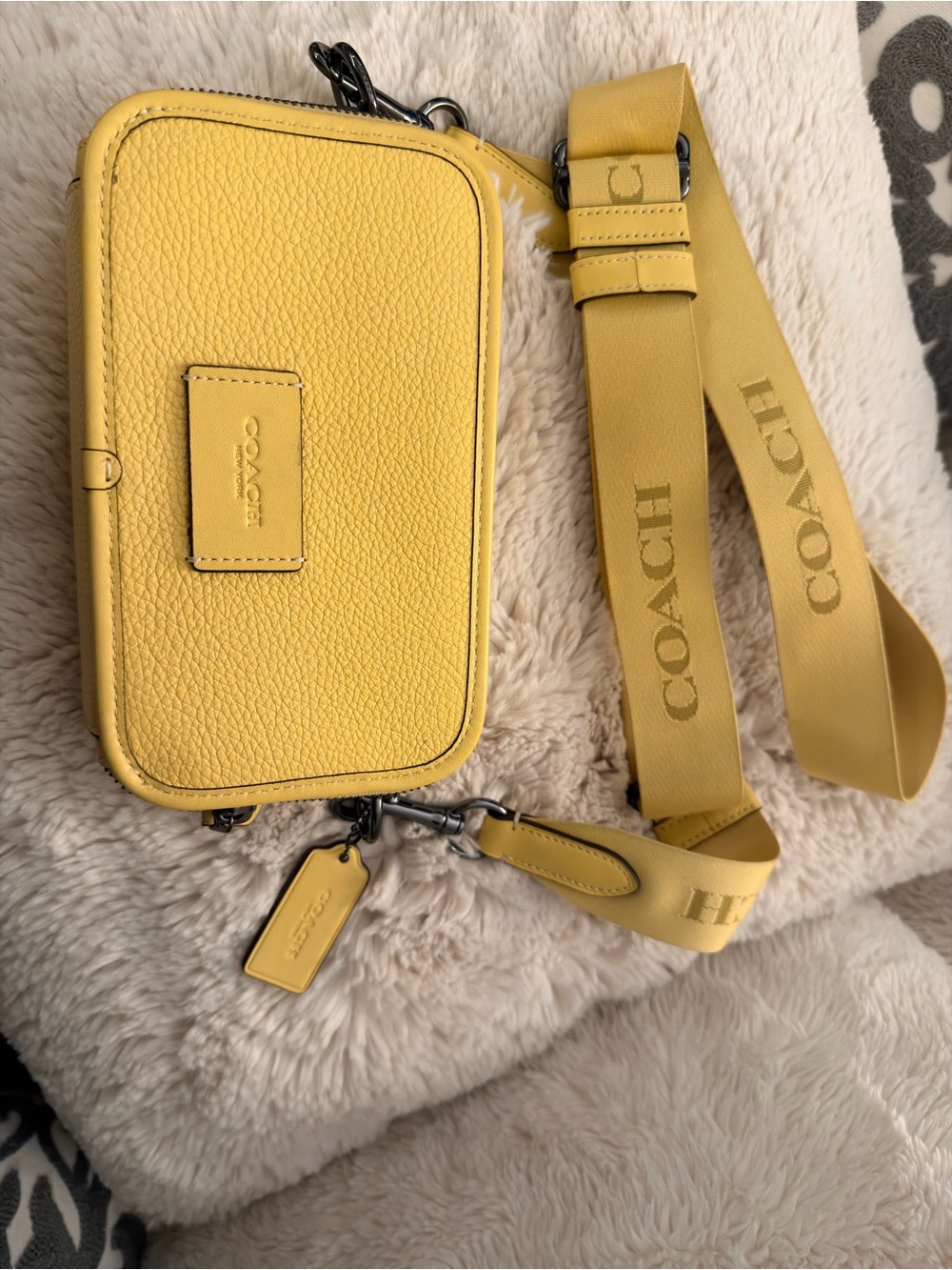 Coach Yellow Pebbled Leather Camera Crossbody with Branded Strap